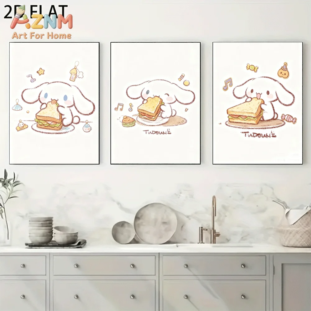 AZNM Cinnamoroll Canvas Wall Art Unframed Cute Cartoon Print Poster Eating Sandwich Candy Music Note Sketch Style Design for Gir