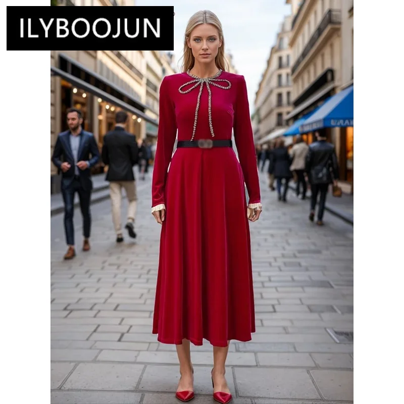 

ILYBOOJUN Elegant Spliced Diamonds Dresses For Women Round Neck Long Sleeve High Waist Patchwork Belt Chic Dress Female New