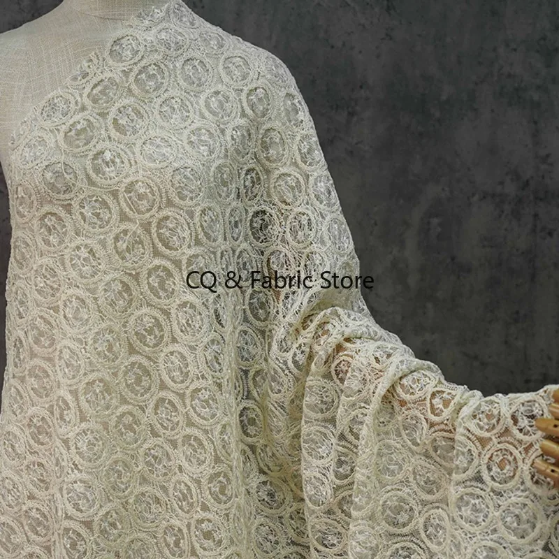 

French Romantic Beige Lace Embroidered Fabric for Wedding Dress Tablecloth Decoration Auxiliary Materials