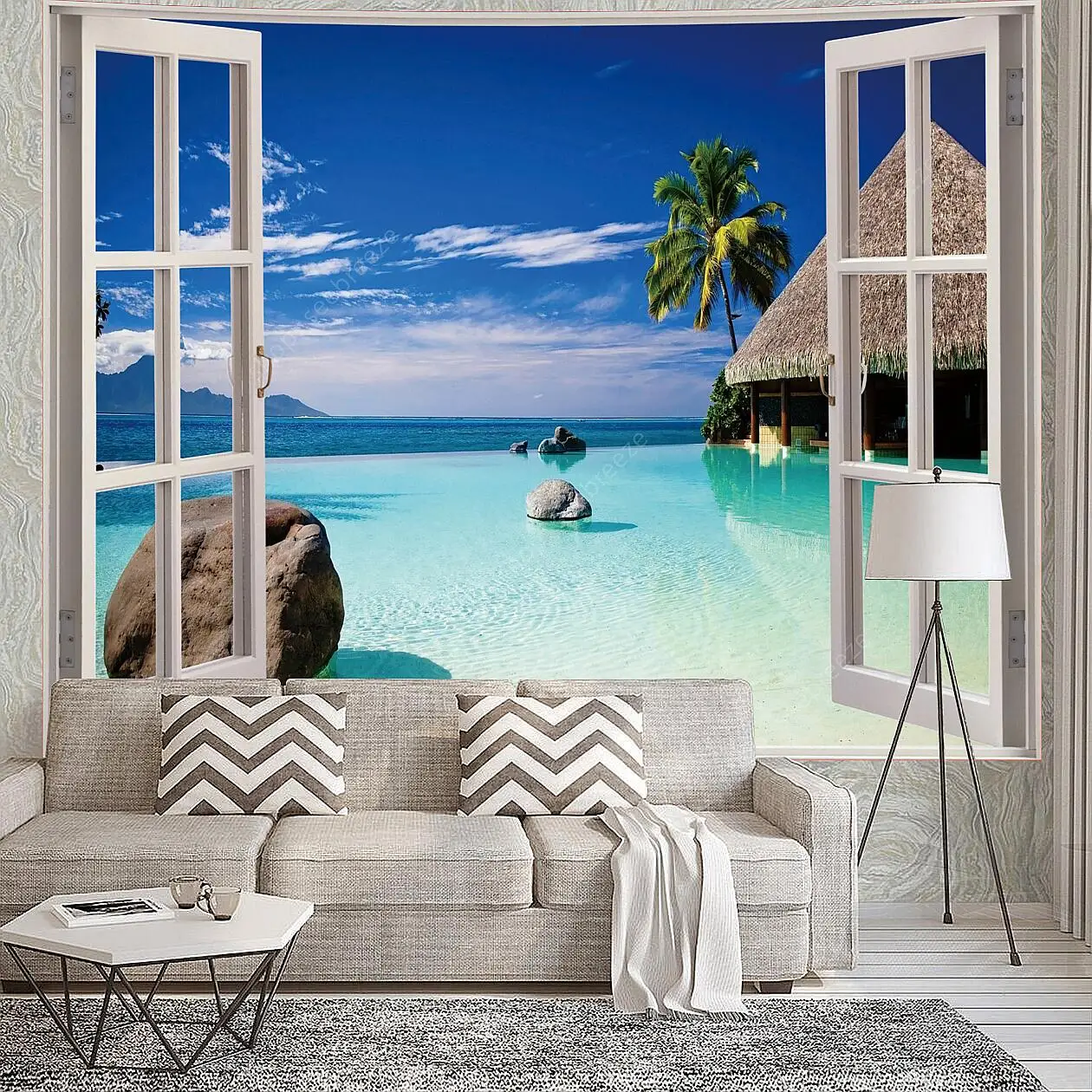 Imitation 3D Window Landscape Tapestry Wall Hanging Sunshine Beach Moonlit Night Wall Tapestry Art Home Decor Curtain Blanket