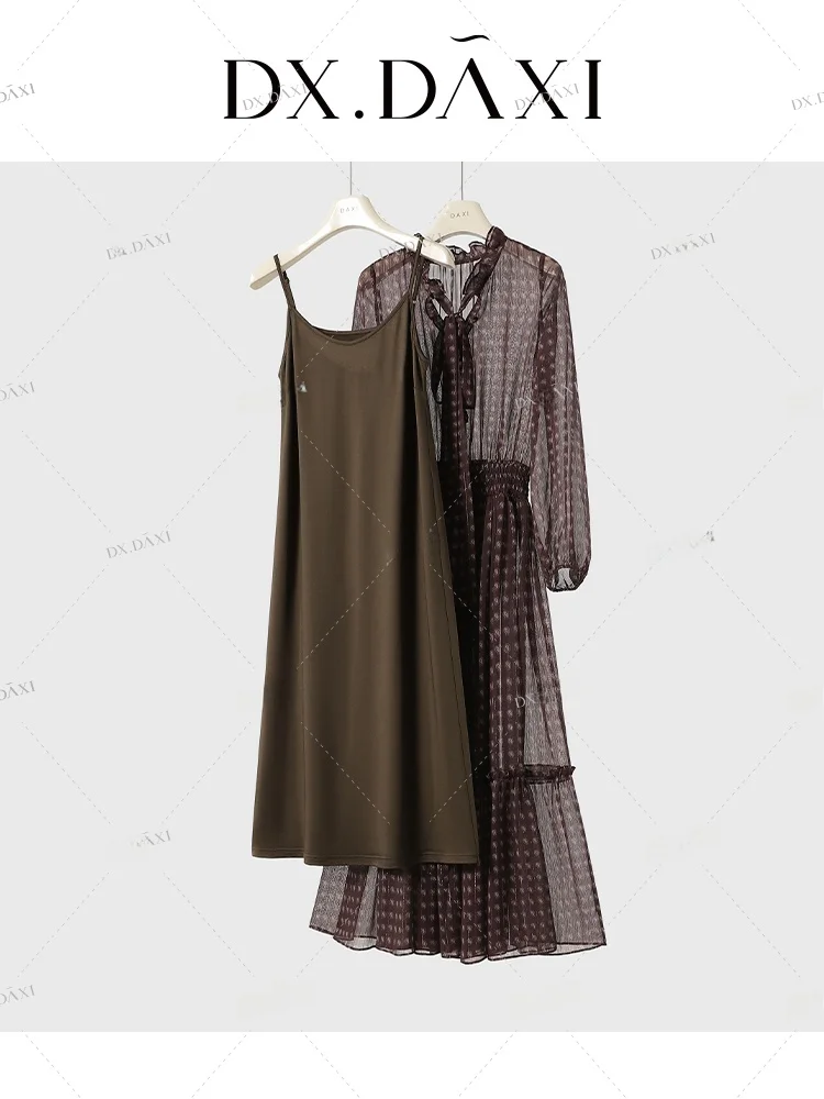 

Retro Ele Long Sve Stand Collar Dr Women's High Waist Slim Fit Plaid Dr Spring New Sle Casual A-Line Skirt