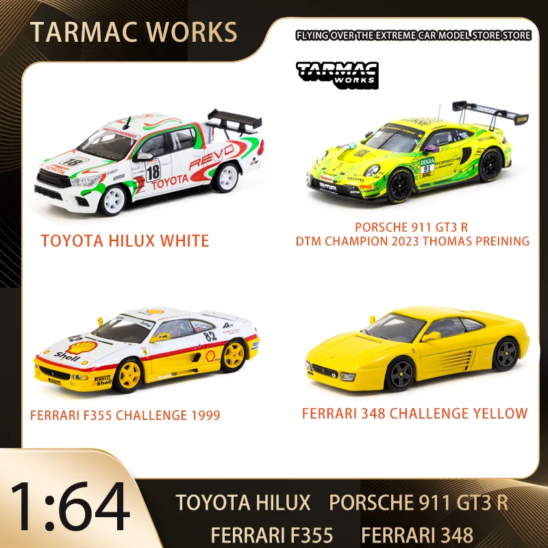 

Tarmac Works 1:64 Porsche 911 GT3 R DTM Champion 2023 Thomas Preining F355 Challenge 1999 Toyota Hilux Alloy Premium Diecast Toy
