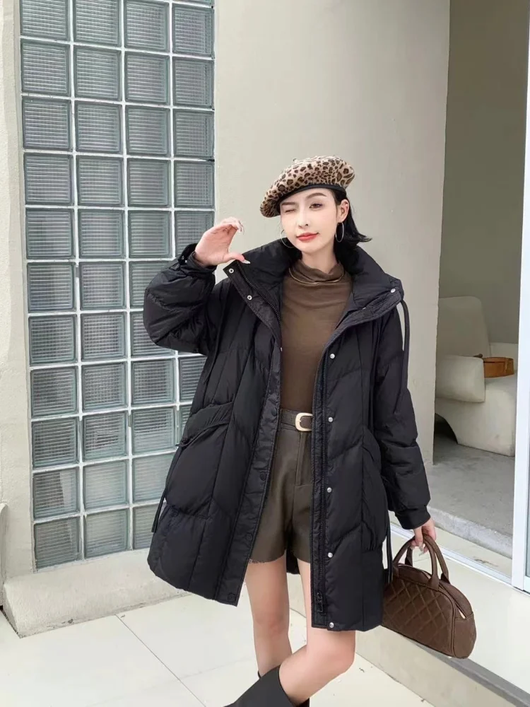 Jaqueta feminina com capuz longo para inverno quente, versão coreana do casaco glamouroso fofo, parka casual fina, novo, 2024