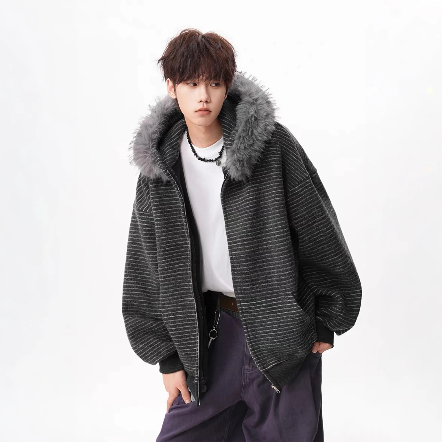 

Мужская зимняя толстовка-кардиган American Sle с отстегивающимся меховым воротником, свободного кроя, с цветными блоками, теплая, с капюшоном