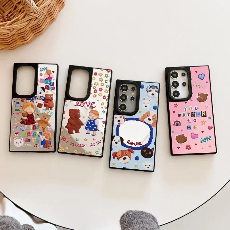 

Cartoon Bear Mirror Surface Black Border Magnetic Case for Samsung Galaxy S25 + Plus S24 S23 Ultra S25U Cover Case