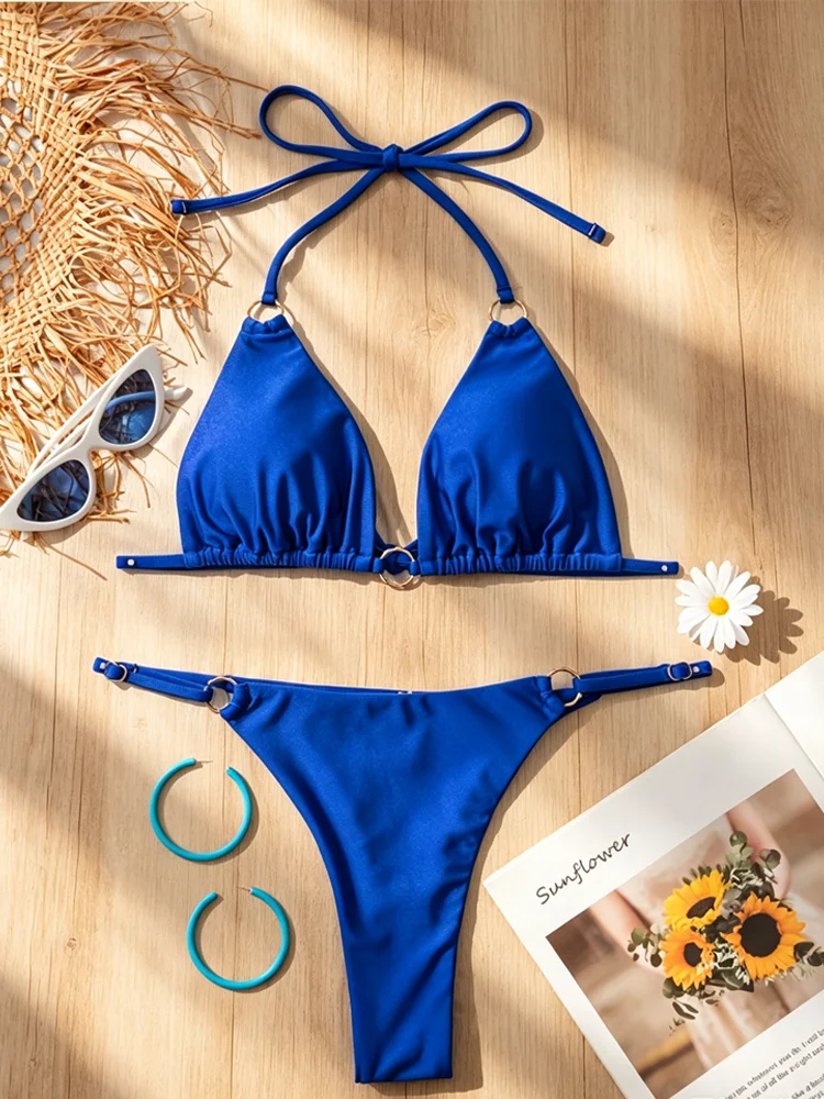 Rinade Blue Bikinis Triangle Swimsuit Bandage Bikini Halter Swimwear String Swimsuits Low Waist Bathing Suit Two-Piece Beachwear