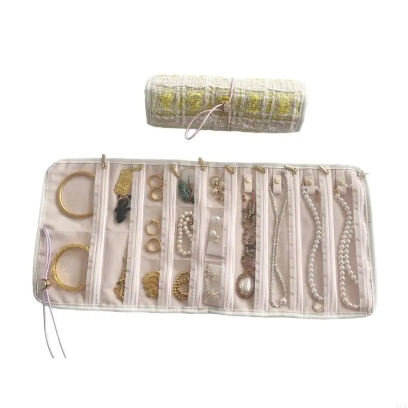 

91AF Canvas Jewelry Organiser For Necklaces Earrings Accessories Storage Container With Multiple Compartments