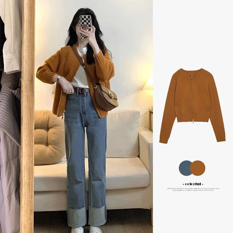 

Vintage Orange Knit Sweaters Women Cardigan Japanese Casual Knitwear Long Sleeve Loose Streetwear Cardigan Coat Tops