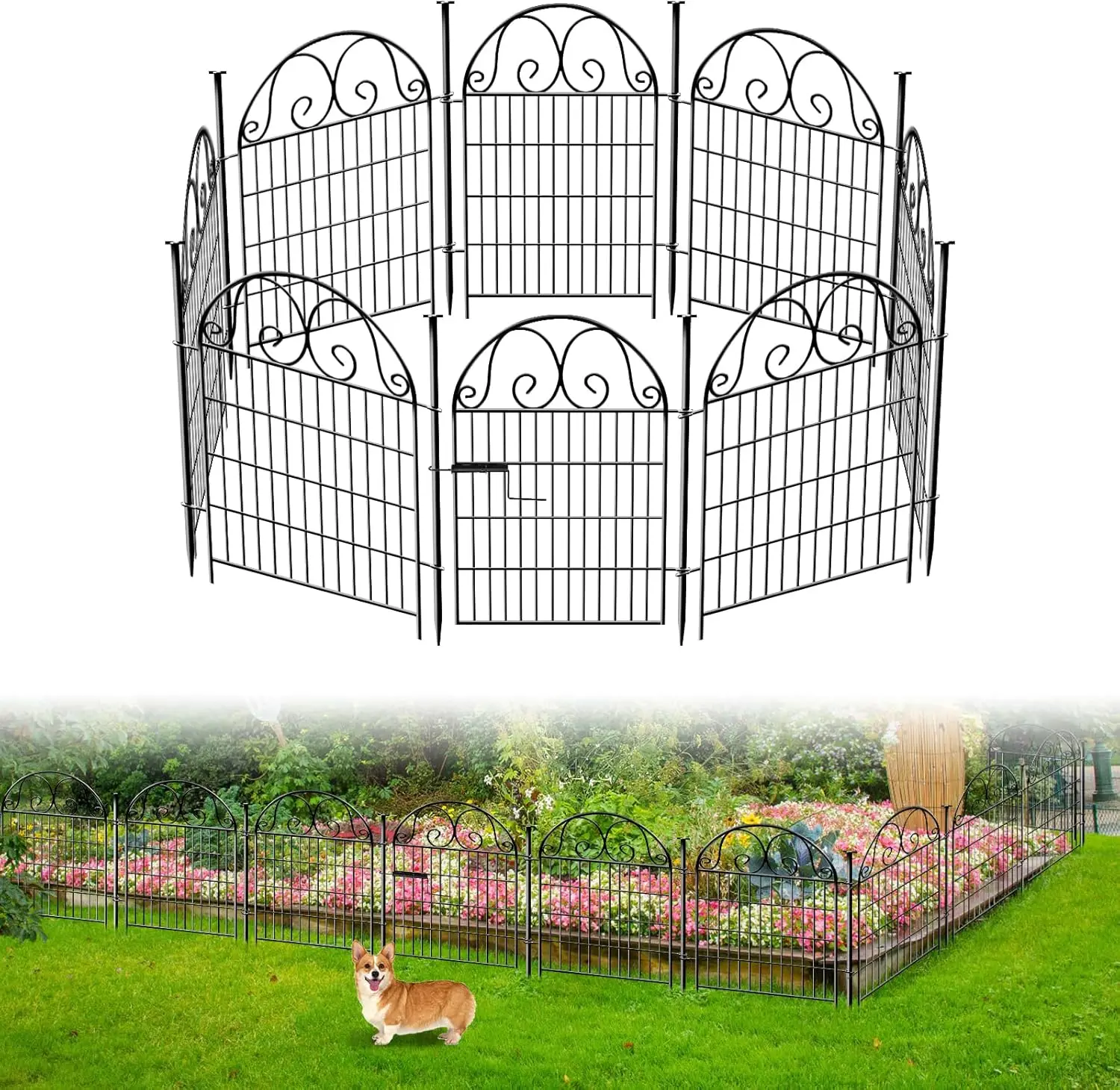 Tall Garden Fence Animal Barrier with Gate, 36 in(H) 8 Panels , Dog Fence Outdoor for Yard, Total Length 17.5 Ft Metal