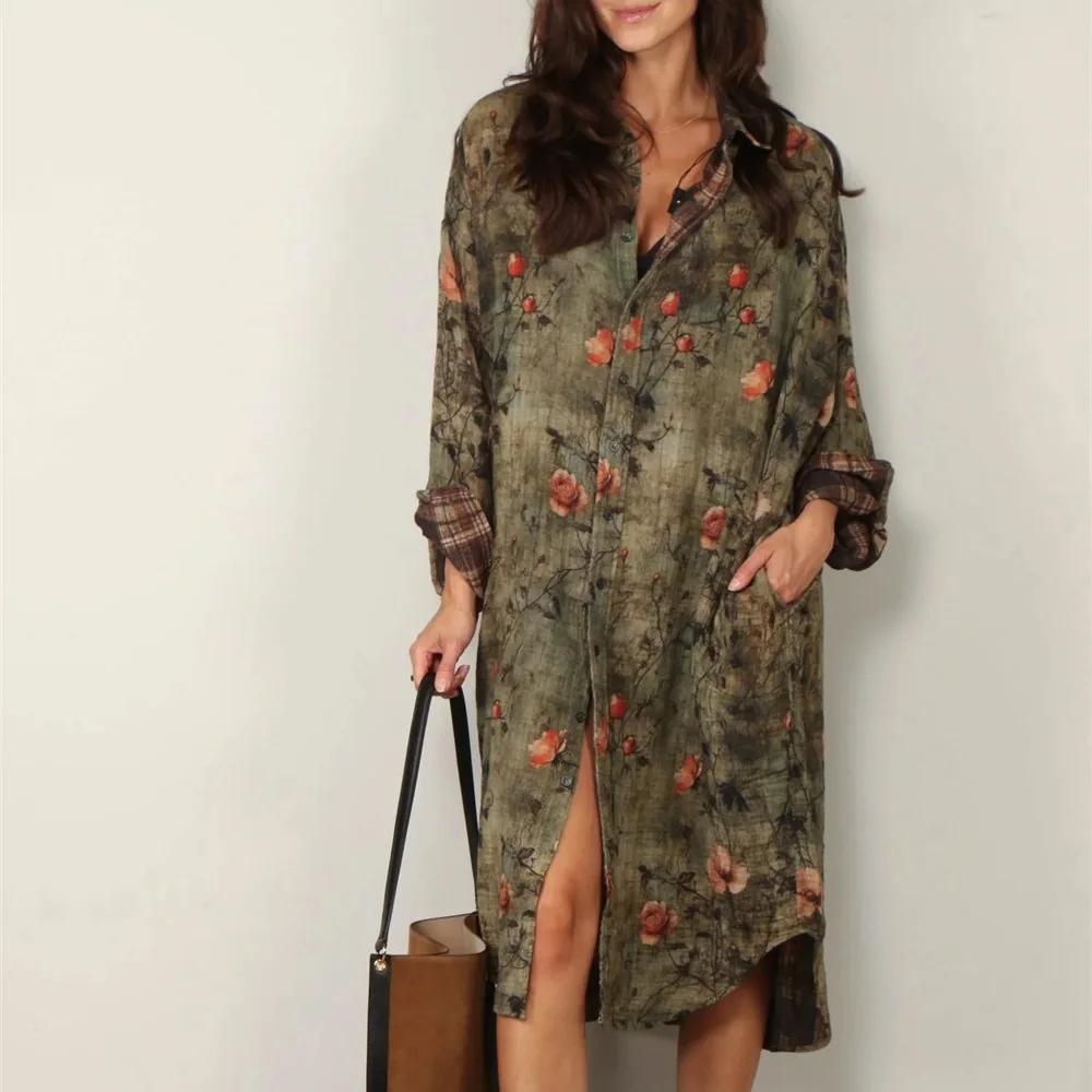 Sukienka koszulowa damska na jesień 2025, czysta bawełna, luźny krój w kratę, codzienna sukienka damska, odzież y2k, nowa moda, wysoka jakość, uniwersalna spódnica.