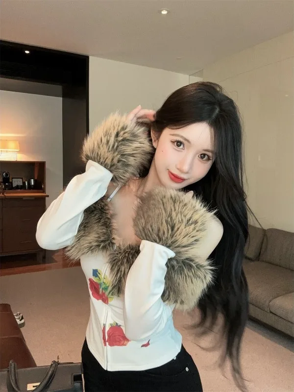 

Unique Vintage Faux Fur Collar Splice Zipper Strapless Long Sleeve Top One Shoulder Design Nicole Rose Women's Jacket