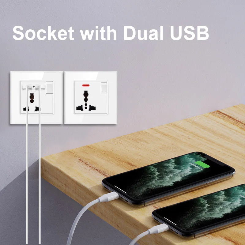 Novski-enchufe de interruptor universal 13A, 2 puertos de carga USB, salida 2.1A, toma de corriente de pared, panel de cristal