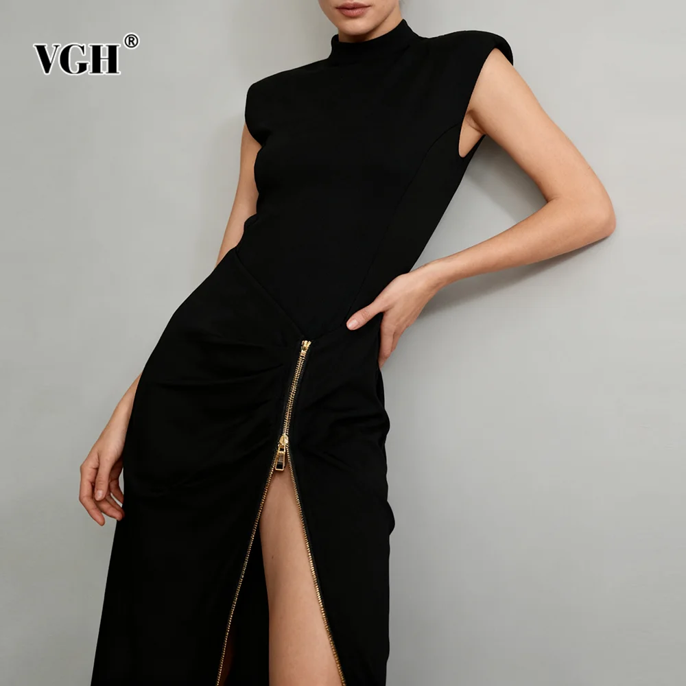 

VGH Solid Spliced Zipper Slimming Dinner Dresses For Women Stand Collar Sleeveless High Waist Designer Dress Female Fashion New