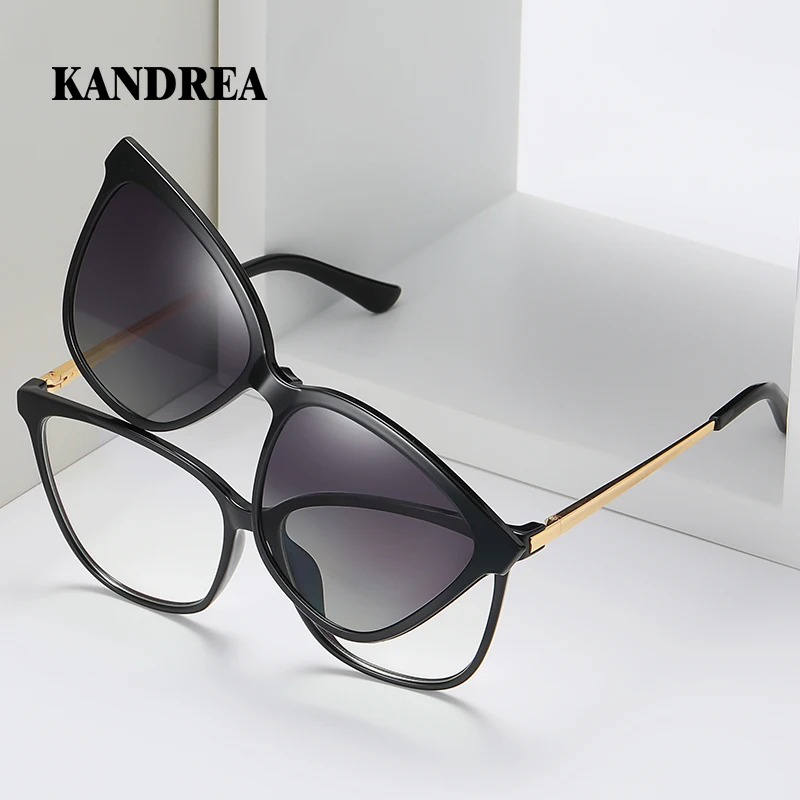 KANDREA Cat eye Large Frame Women Outdoor Magnetic Dual-Purpose Polarized Clip-on Sunglasses Anti-Blue Light Frame Glasses 95655