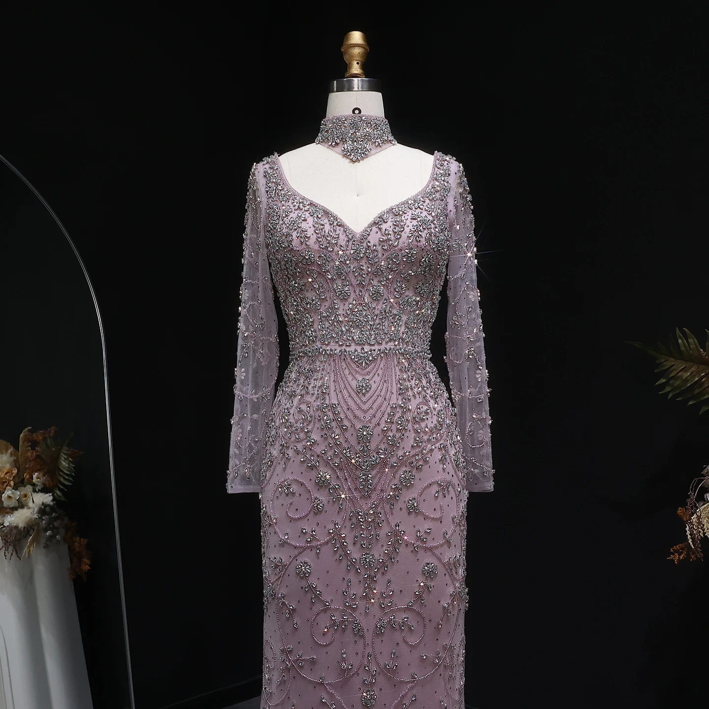Sharon Said Luxuriöses Arabisches Dubai Rosa Meerjungfrauenkleid mit Langen Ärmeln, Perlenbesetztes Formelles Abendkleid für Hochzeit, Party, Ball, SS181 Maßanfertigung – Detail 8