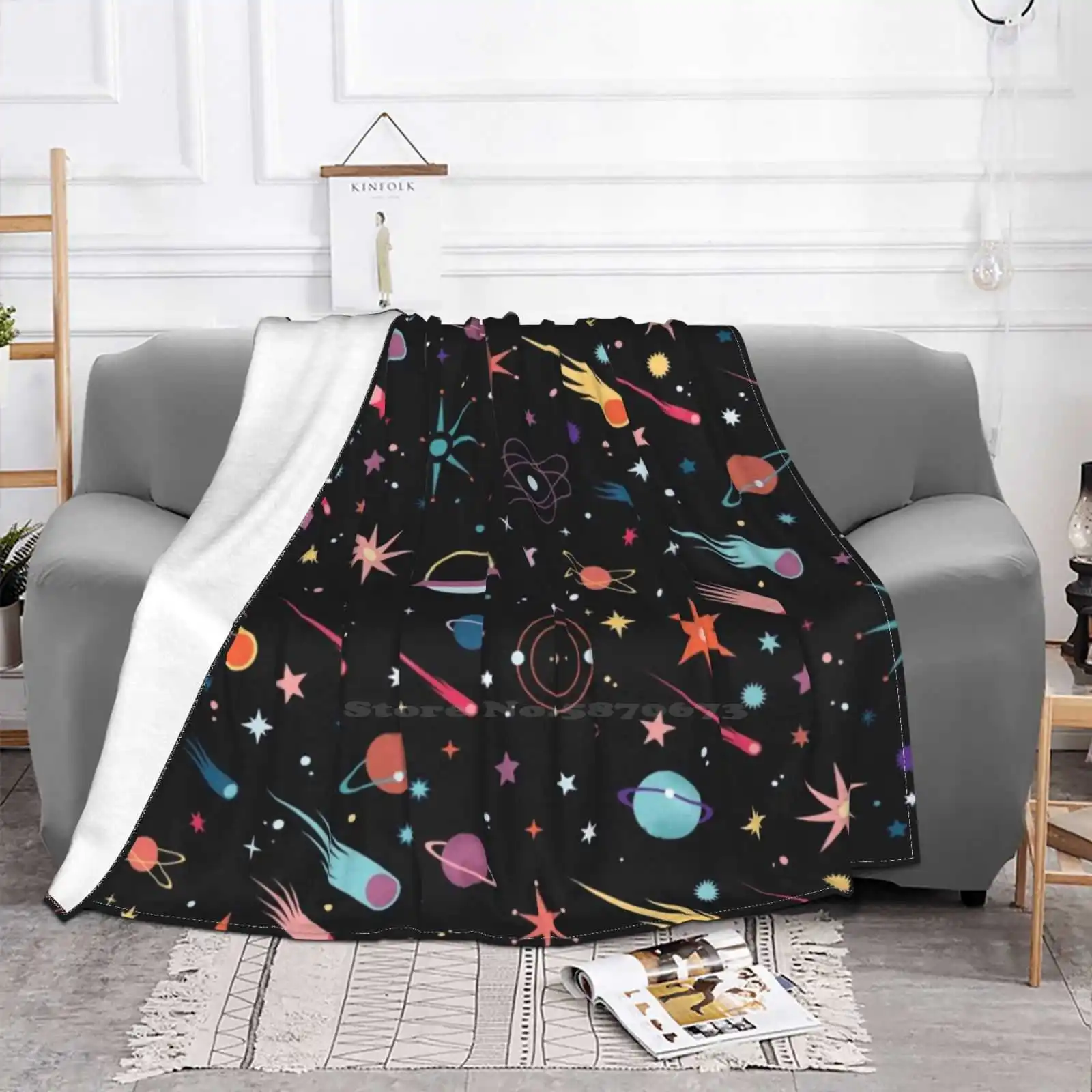 Fly Through Space Creative Design Light Thin Soft Flannel Blanket Universe Cosmic Galaxy Retro Mid Century Modern Decorative