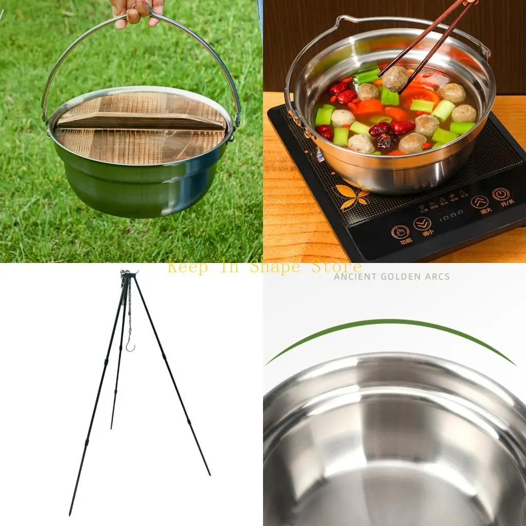 

U1JC Light Weight Outdoor Bonfires Small Boiling Pot Stainless Steel Hanging Camping Pot For Boiling Stewing Easy to Clean