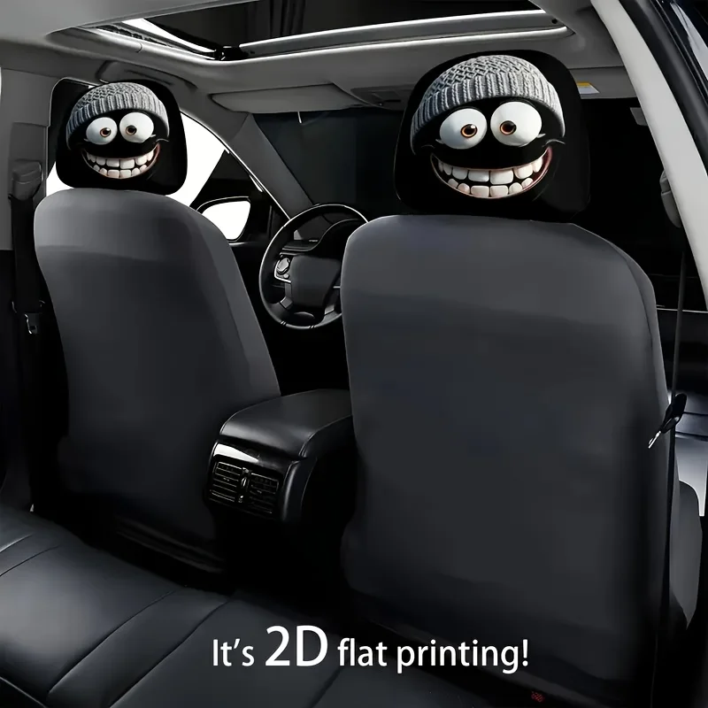 2pcs Car Headrest Covers Featuring a Cartoon-Style Smiley Face Design. No Padding, Ideal for Decorating the Interior