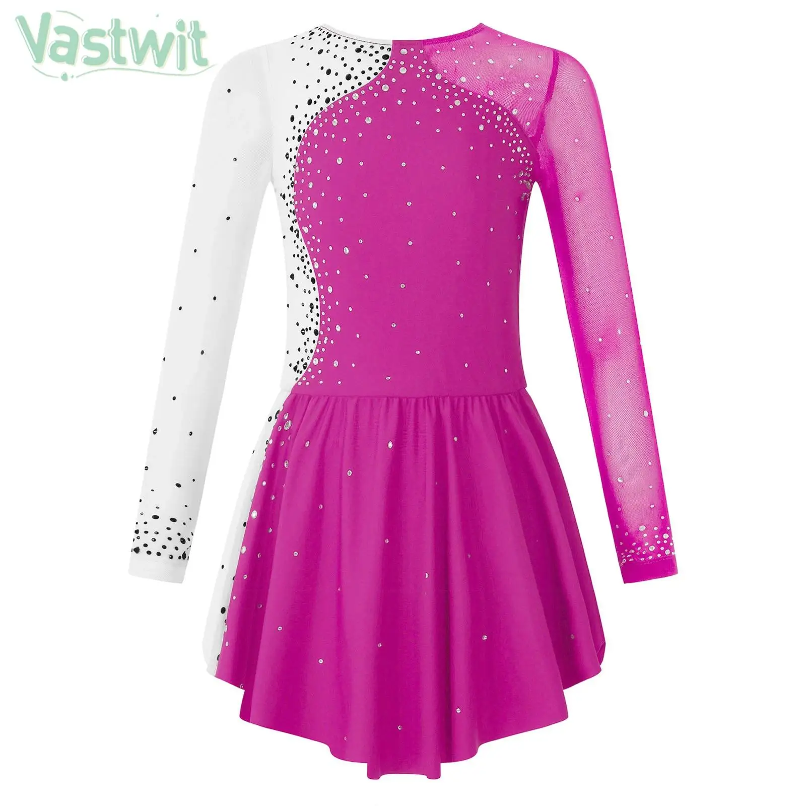 Kids Girls Long Sleeve Figure Skating Dance Dress Ballet Tutu Artistic Gymnastics Leotard Shiny Rhinestone Sheer Mesh Dancewear