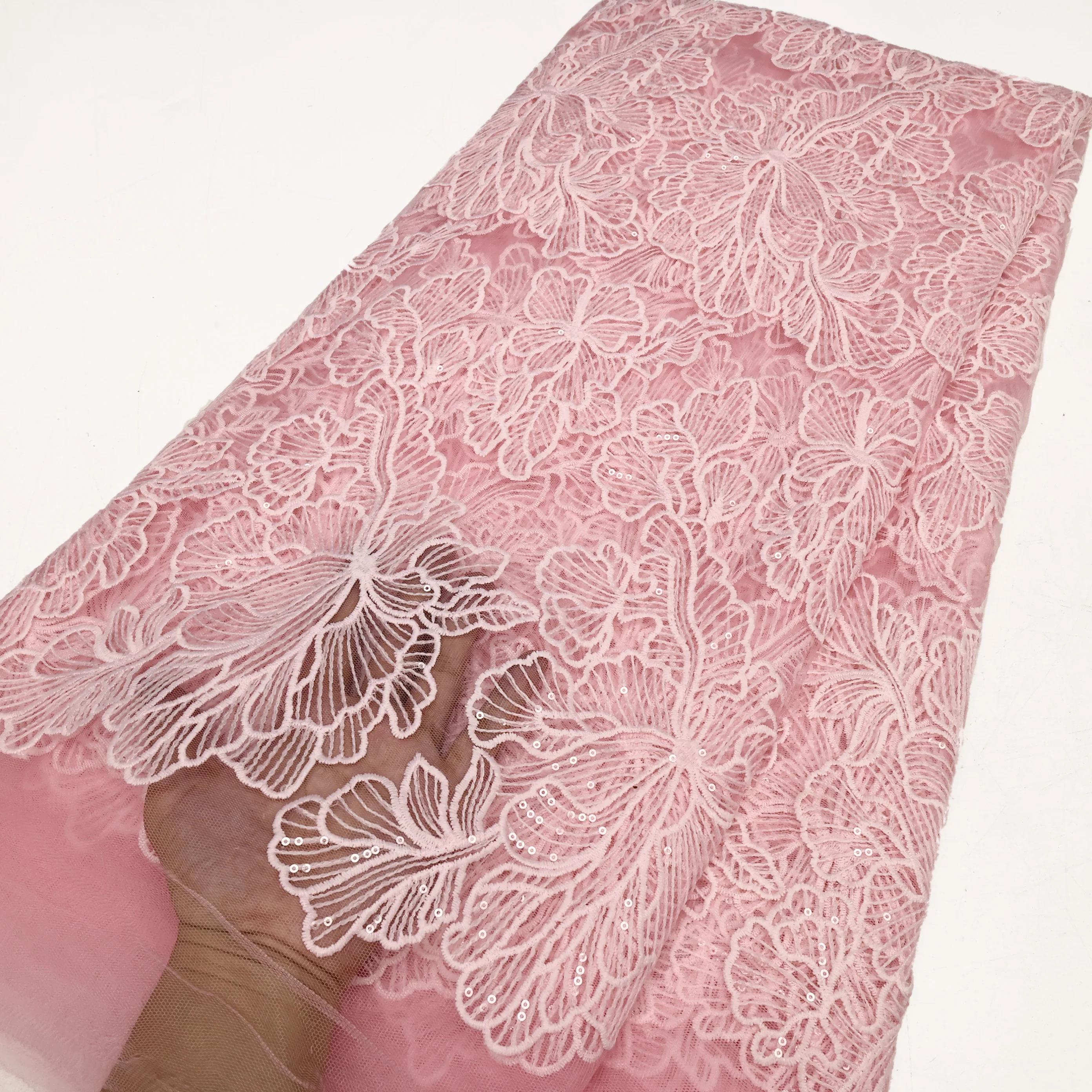 Fashion Pink African Milk Silk Lace High Quality Nigerian French Mesh Lace Fabric With Sequins For Wedding Party Dress