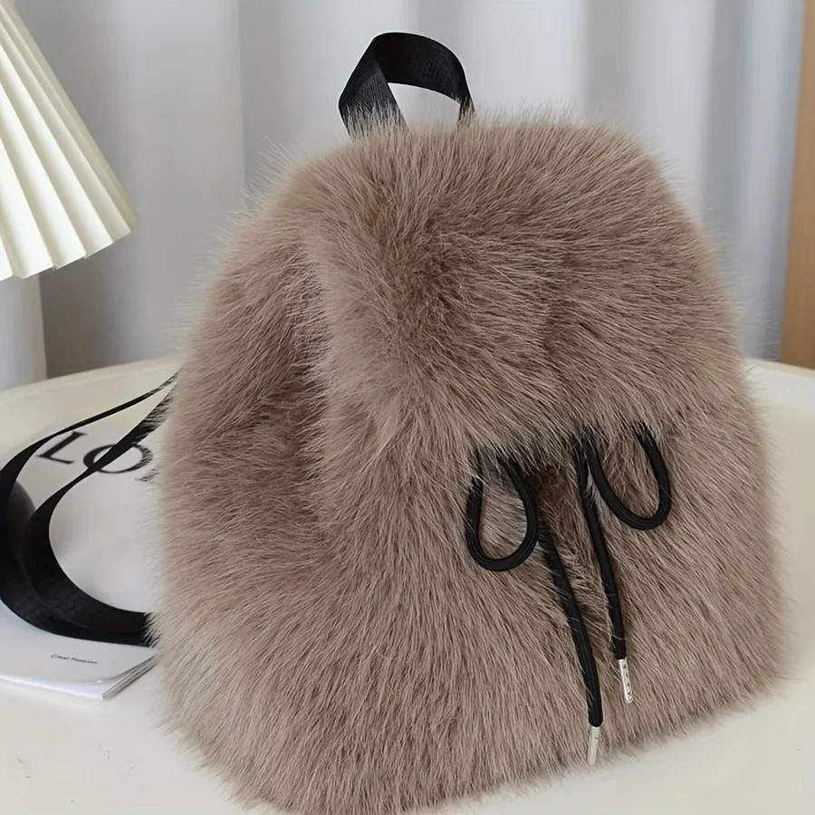 Women's Plush Faux Fur Backpack with Adjustable Drawstring Closure Daypack for Casual Formal Use Mini Backpack Soft Texture Bag