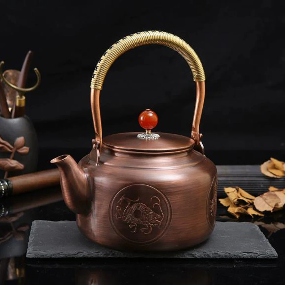 

Медный горшок в стиле ретро, чайник ручной работы из красной меди для кипящей воды, чайник большой емкости для дома, чайник без покрытия для здоровья, 1200 мл