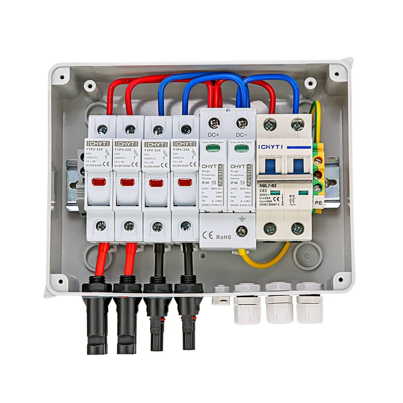 Zonne-Energie Fotovoltaïsche Pv Combiner Box Met Bliksembeveiliging 2 Ingang 1 Dc 600V Zekering Mcb Spd Waterdichte Doos Ip65