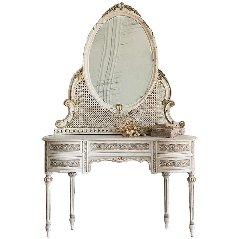 

European French old solid wood dresser rattan bedroom white makeup table with mirror