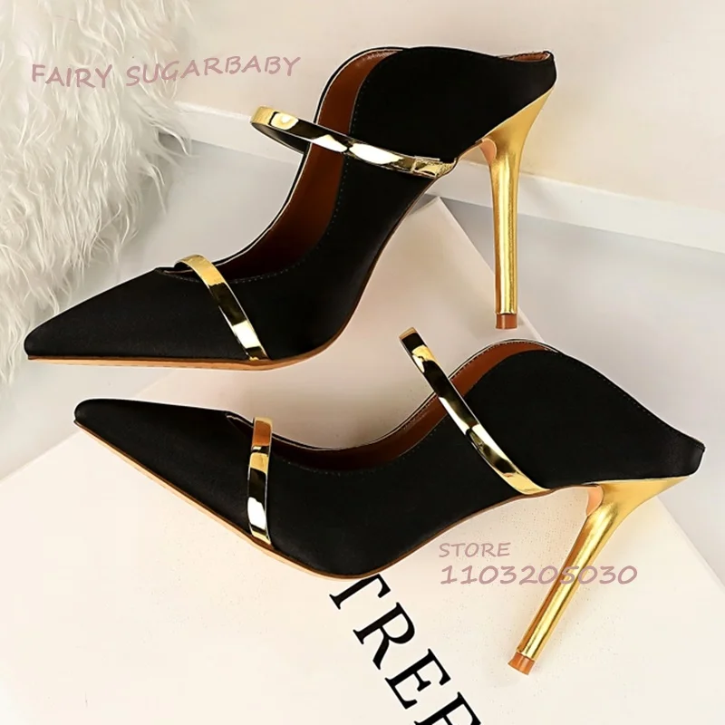 Black Velvet Gold Stiletto Slippers Women Pointed Toe Slingback Hollow Shell Wave Sandal Spring Versatile Girl Heels Office Lady