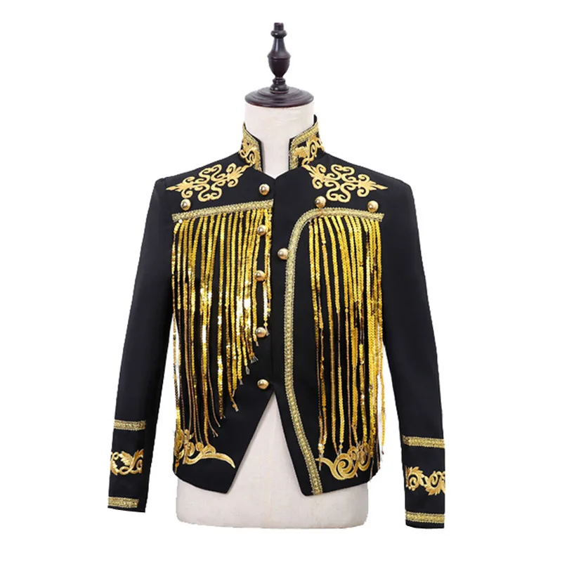 

Men's Sequin Tassel Court Jacket Golden Black Fringe Slim Coat Bar Nightclub Male Singer Chorus Dancer Performance Stage Costume