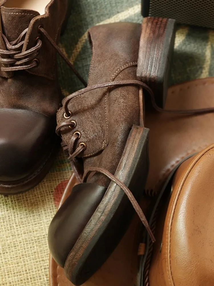 Retro Genuine Leather Platform Round Toe Men Casual Shoes Comfortable Horsehide Mid Heel Solid Color Lace-Up Handmade Sneakers
