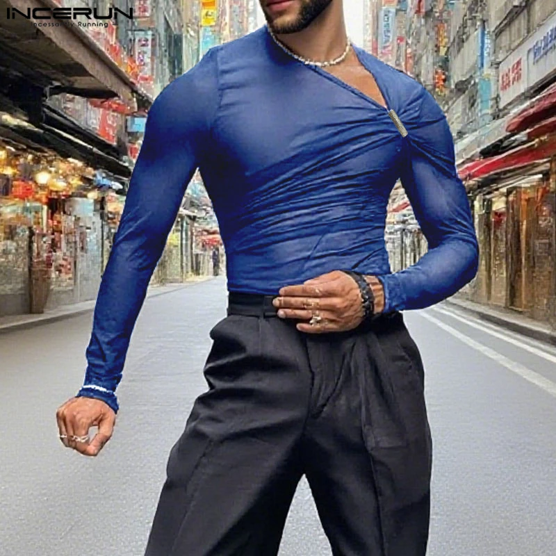 INCERUN Men T Shirt Mesh See Through V Neck Long Sleeve Sexy Male Tee Tops Streetwear Pleated 2025 Fashion Casual Men Clothing