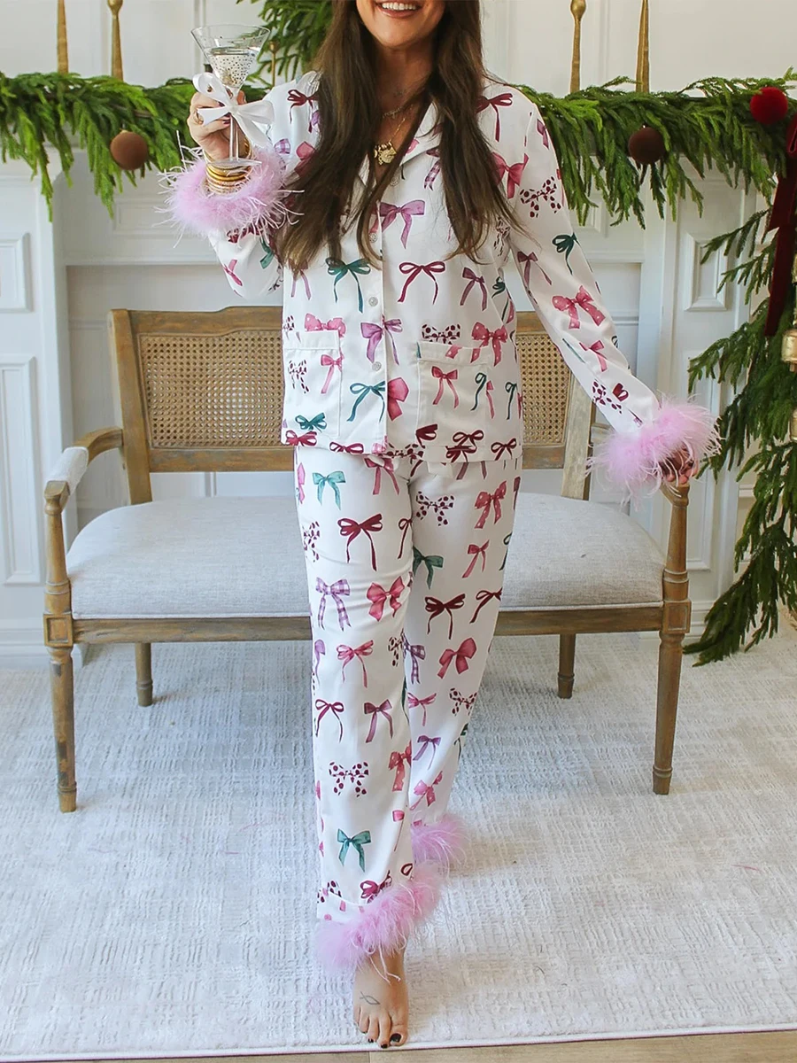 Women Feather Trim Silk Satin Pajama Set Christmas Button Down Shirts and Pants Outfit Sleepwear Loungewear