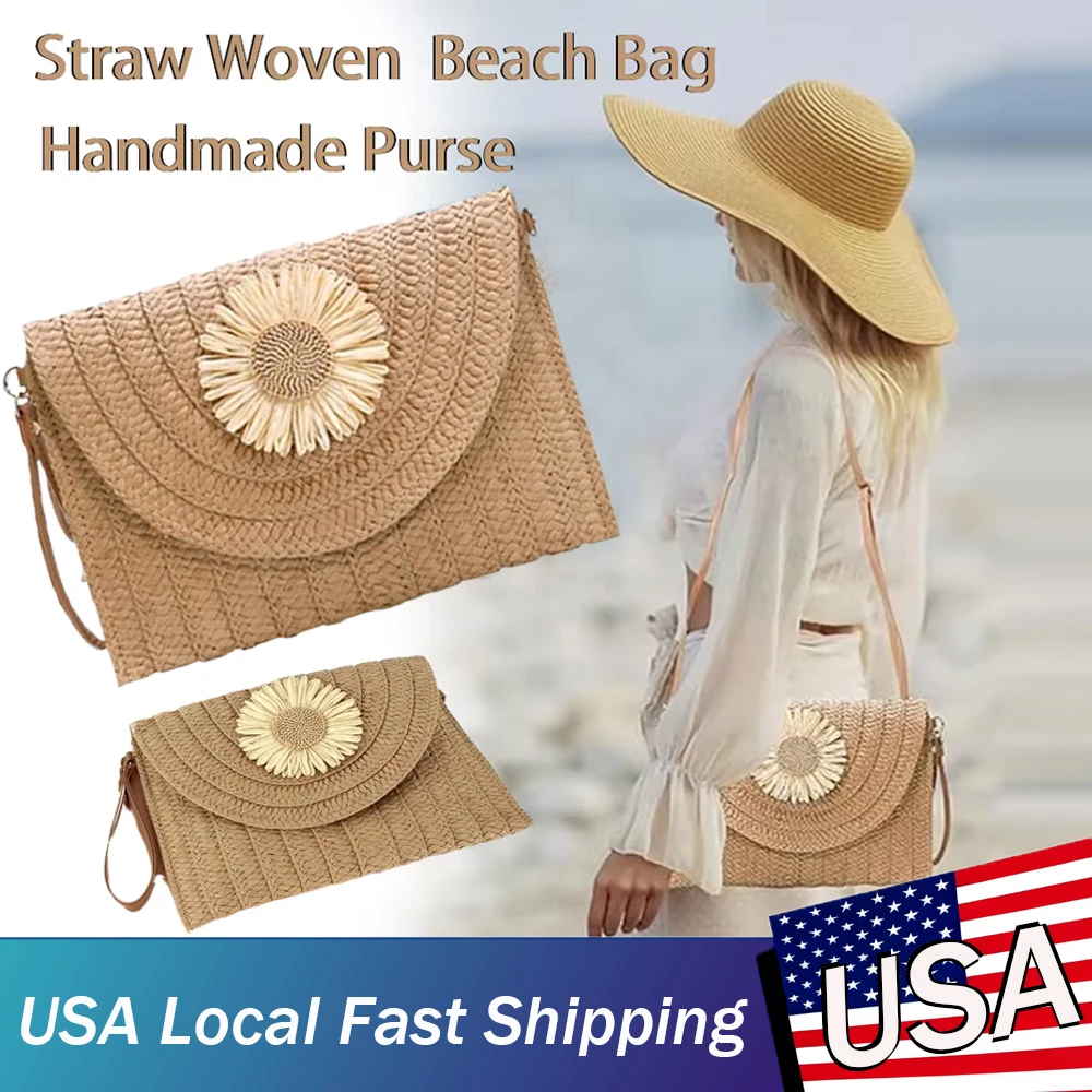 

Соломенная тканая сумка через плечо, пляжная сумка, модные женские наручные клатчи, летние женские сумки на плечо, сумки ручной работы, кошелек