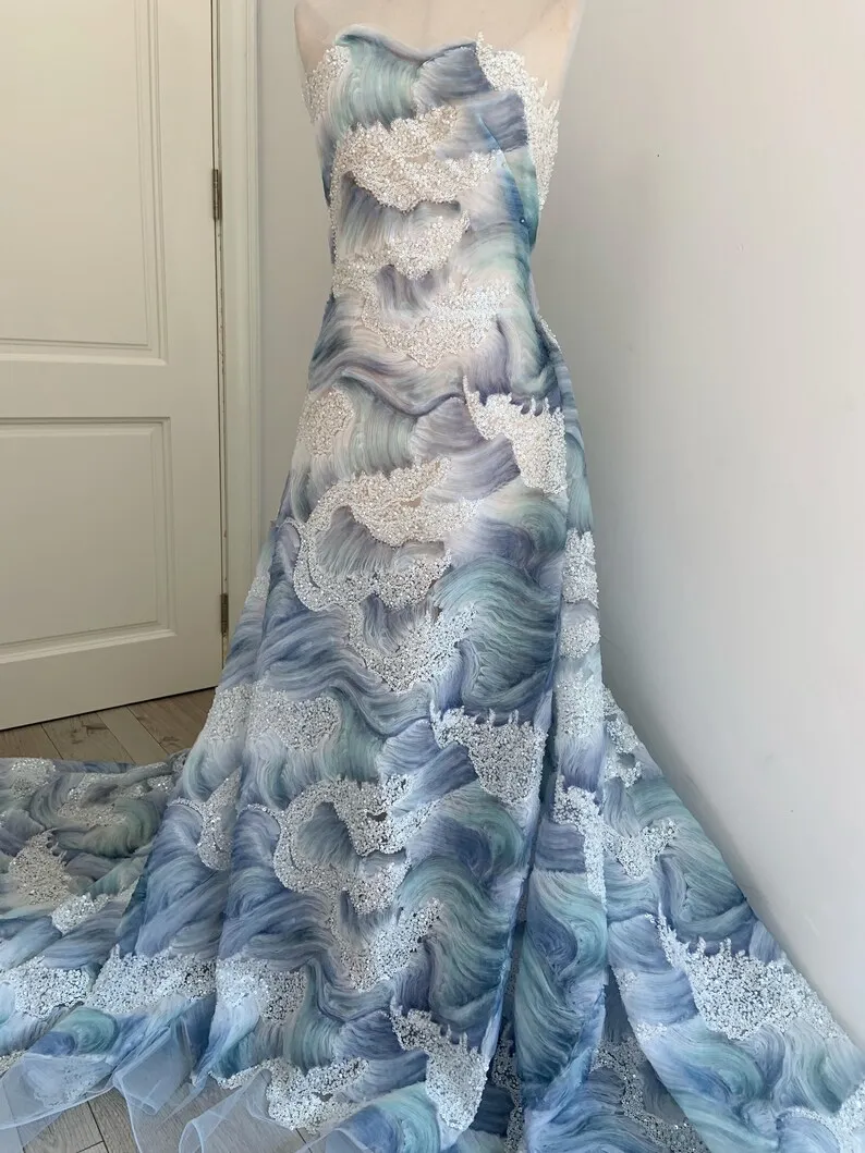 

1 Yard Salmon 3D Coiled Floral Embroidery Fabric With Beadwork 3D Mesh Textured Wave Fabric For Bridal Dress Lace Tulle Dress