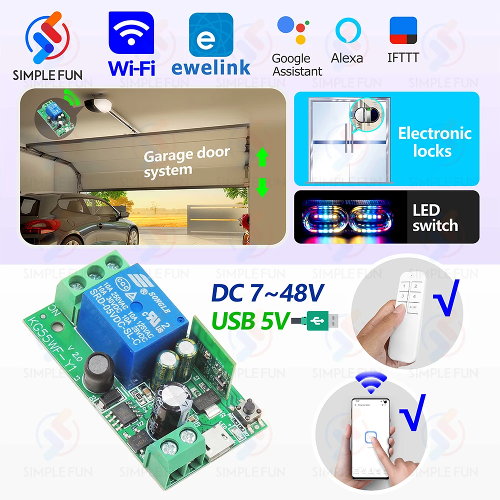 Interruttore intelligente per porta del garage WiFi Ewelink, telecomando per fotocopie, USB 5V DC 12V 24V 48V, controllo APP, Alexa Google Home