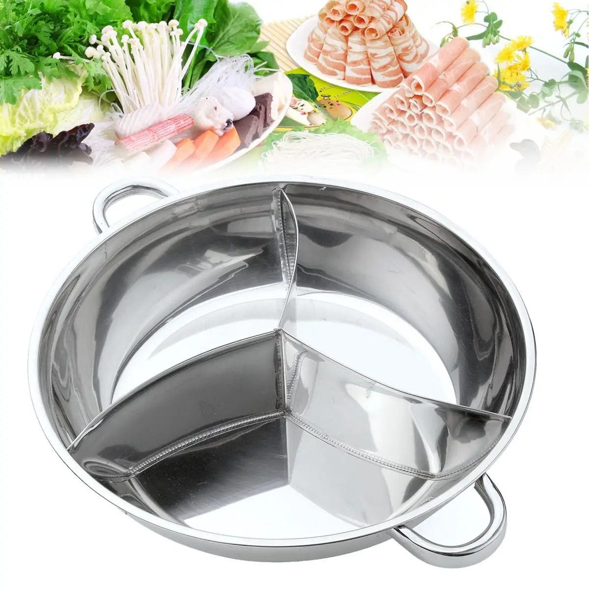 34cm Stainless Steel Hot Pot Three Divided Cookware Induction Little Sheep Pot Hot Pot Ruled Compatible Cooking Winter Party