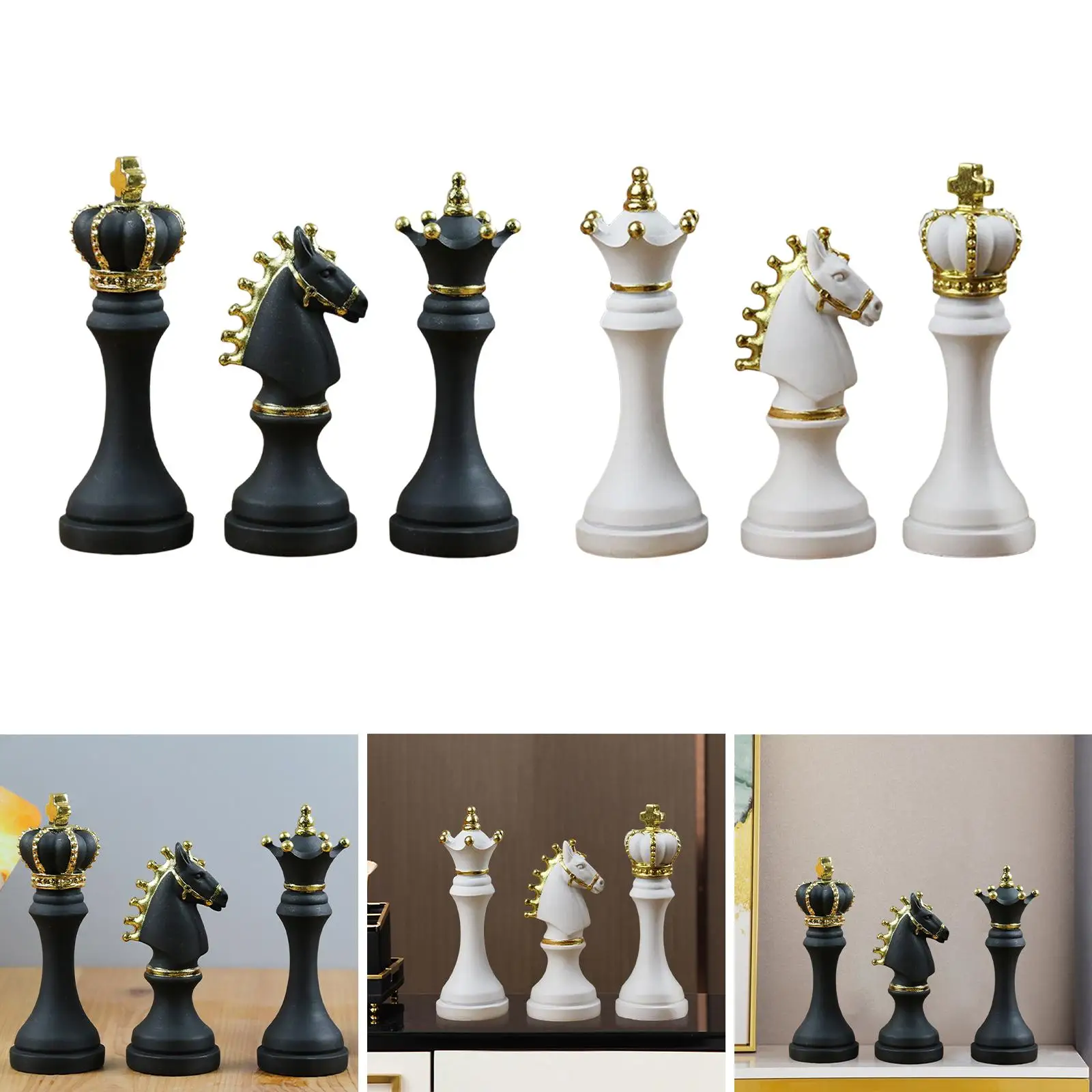 3x Modern International Chess Statue Board Games Ornament King Queen Knight