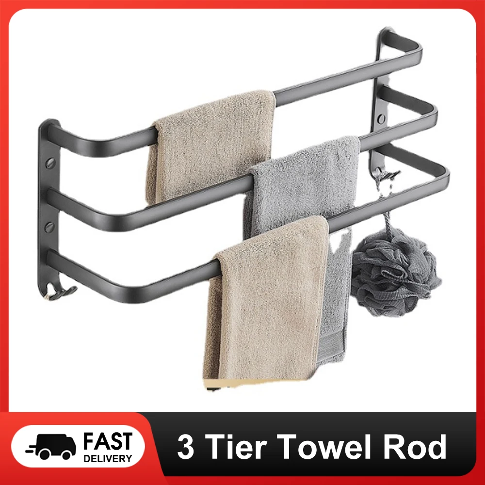 

Настенный органайзер для полотенец, 3-х уровневый вешалка для полотенец, удобный крючок, более гладкий угол, 60 см, алюминиевый сплав, экономия места для отеля