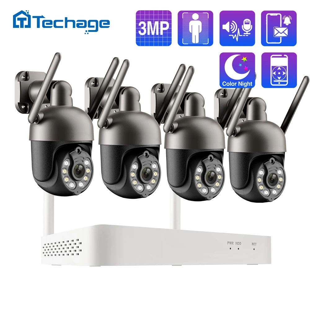 Techage 3MP Tuya NVR PTZ Wireless CCTV System Two Way Audio WIFI IP Security Camera 8CH P2P Kit di videosorveglianza rilevamento umano