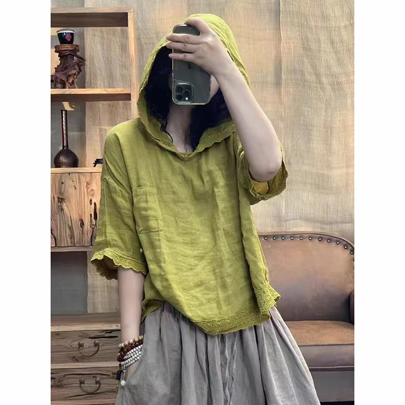 New Arrival Summer Arts Style Women Short Sleeve Loose Tops Tees All-matched Casual Hooded Cotton Linen T-shirt Good Quality