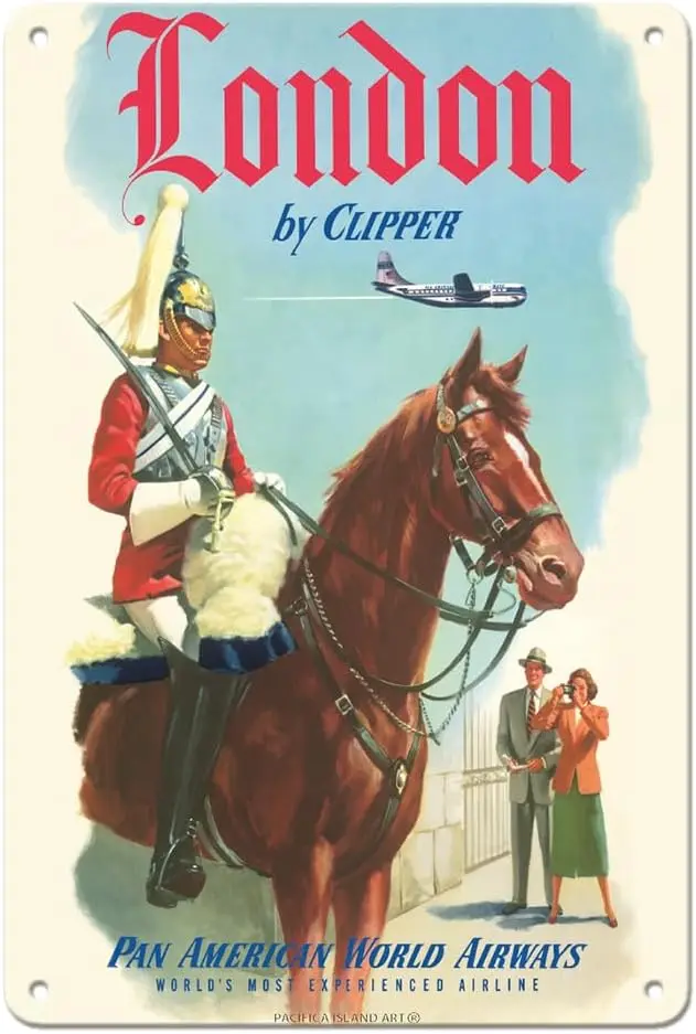 London by Clipper - Queen’s Royal Household Cavalry - Pan American World Airways - Vintage Airline Travel Poster c.1951-8 x sign