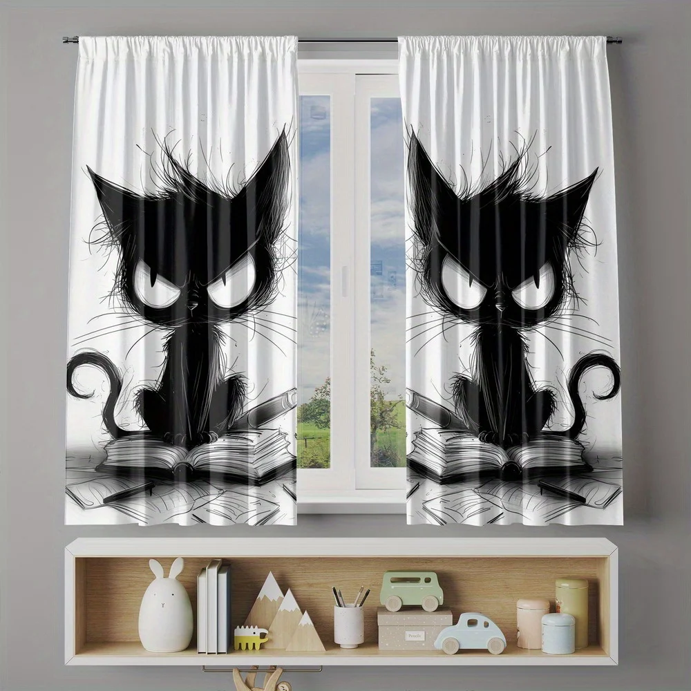 2pc Smart Cat Reading Book Curtains Polyester Semi Blackout Drapes for Kids Bedroom Study Nook Cozy Literary Without curtain rod