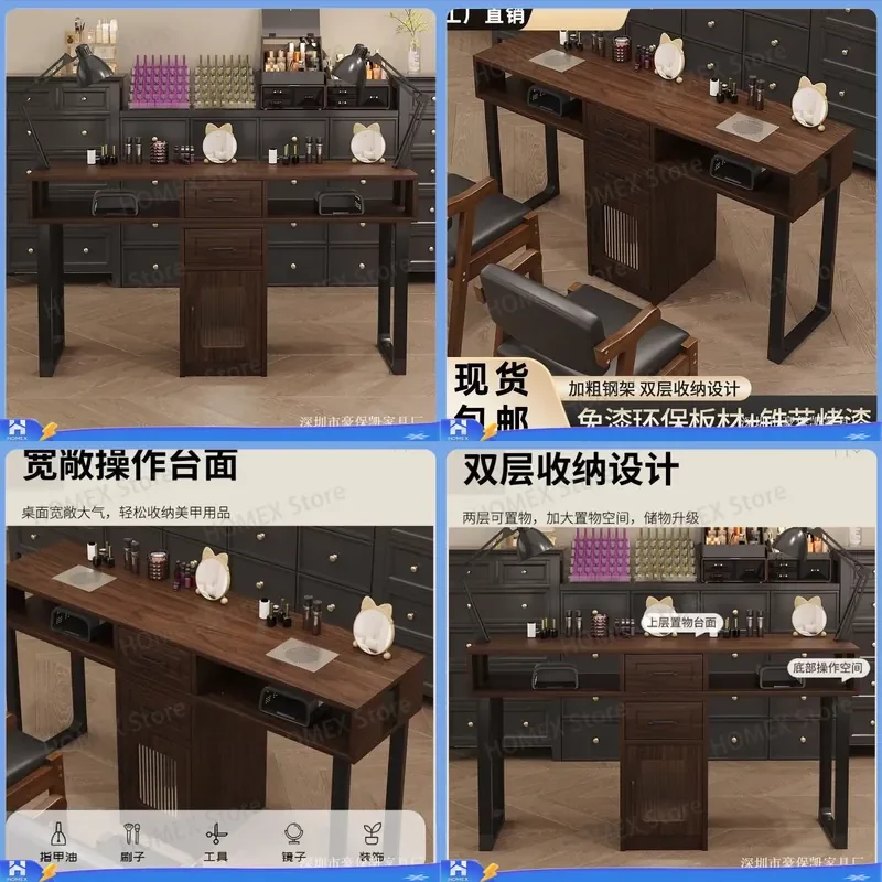Retro Solid Wood Nail Art Table with Vacuum Cleaner Single Double Manicure Desk Storage Commercial Beauty Salon Furniture