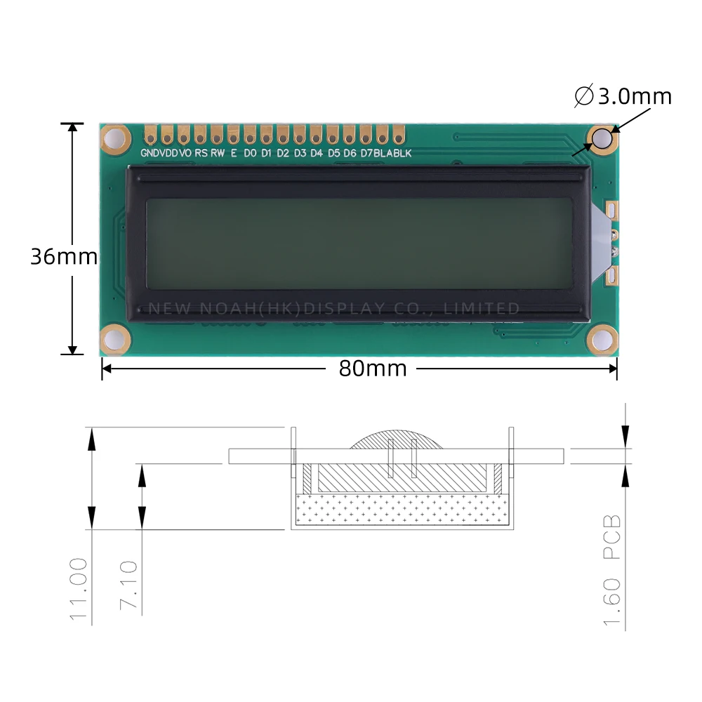 European Green Light Black Letters 1602A 3.3V LCD Display Screen 02*16 80*36*11MM Controller ST7066U Support Scheme Development