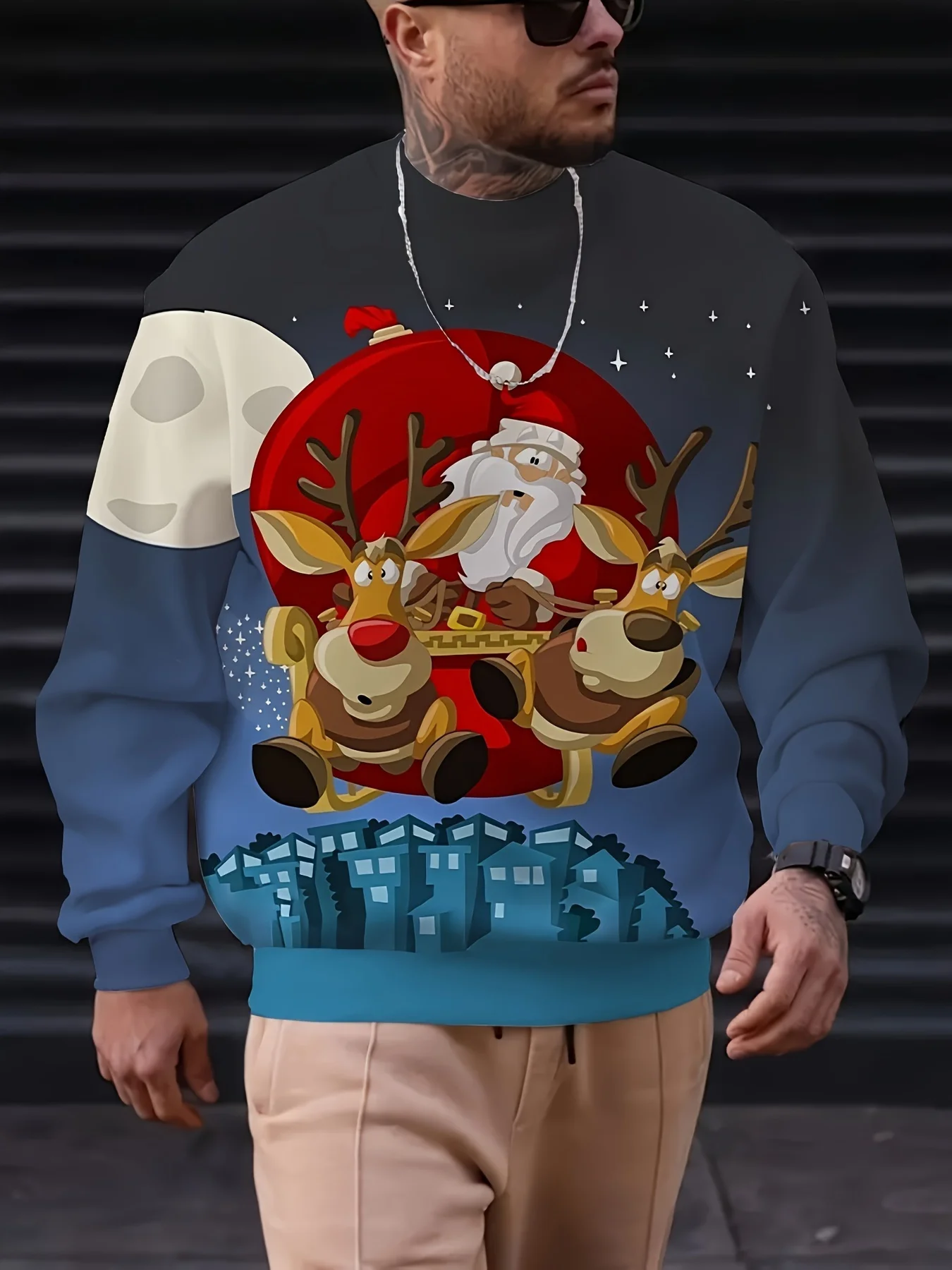 

Funny Santa Claus' Reindeer Print Men's Sweatshirts Fashion Breathable Polyester Pullover Top Unisex Street Hip Hop Y2k Clothing