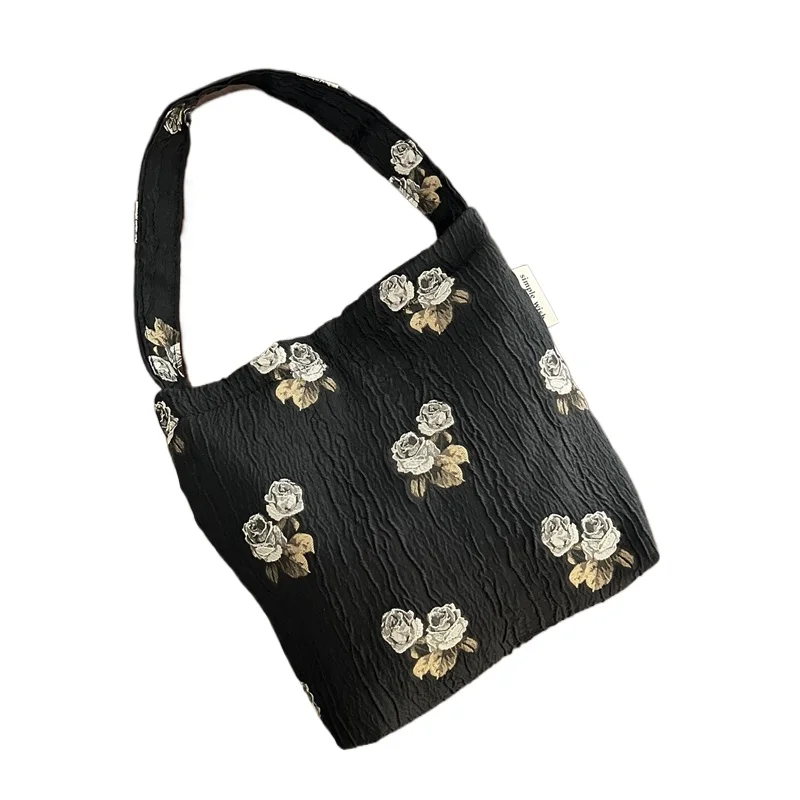 

BYMONDY Retro Pleated Small Top-Handle Bags for Women Jacquard Cloth Black Shoulder Bag Female Party Tote Women's Handbags