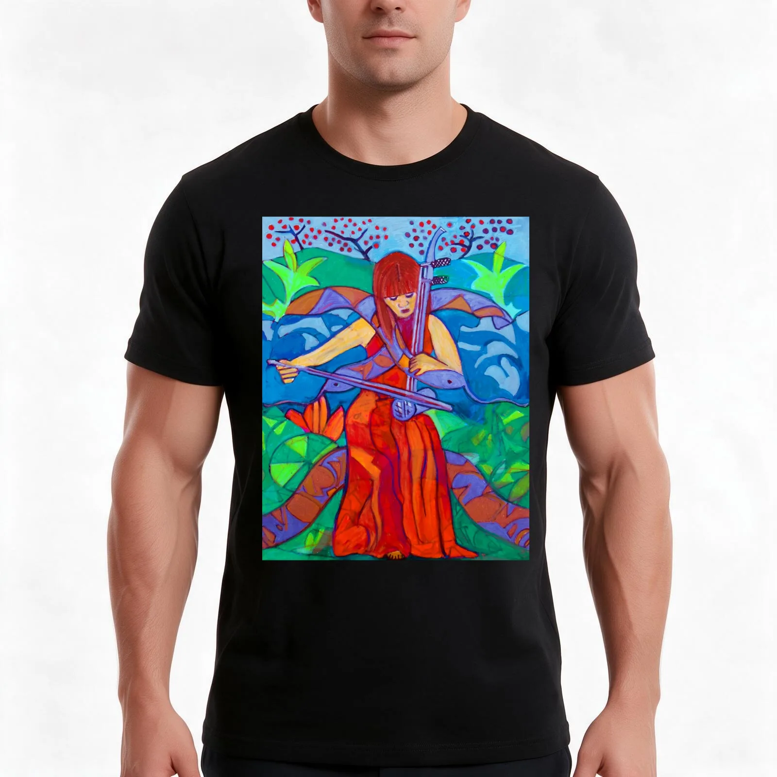 Erhu: Two Strings T-Shirt, Summer Casual Cotton Tee, Oversized Streetwear Tops, Vintage Graphic Print, Loose Fit Short Sleeve