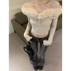 Sexy Popular Off Shoulder Plush Tops Women 2024 Autumn Slim Fit Sweaters Mujer Y2k E-Girl Long Sleeve Bottoming Pullovers