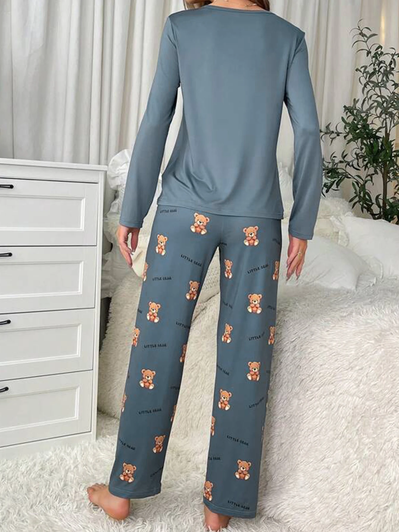 Women Sleepwear Set Autumn Pajama Set Cartoon Bear Print Cute Crew Round Neck Long Sleeve Top Allover Prints Pants Homewear Set